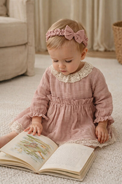 Babyhola 0-2 Yaş Dantel Yakalı Saç Bantlı Müslin Kız Bebek Bayramlık Elbise G...