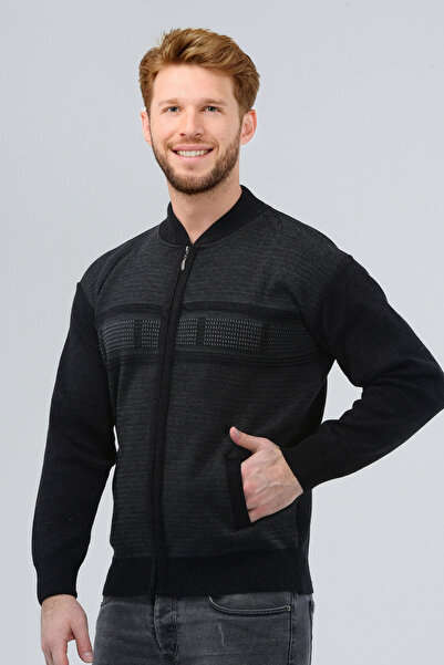 HEDEFNUR TEKSTİL Smoked Men's Baba Steel Knitted Sweater Cardigan Patterned Z...