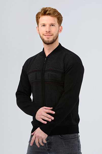 HEDEFNUR TEKSTİL Black Men's Dad Steel Knitted Sweater Cardigan Patterned Zip...