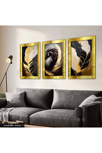 Evinemoda Black Horse and Gold Feather 3 piese de tablou cu oglindă din plexi...