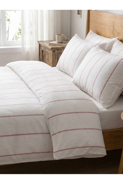 Ricco Lifes Set de lenjerie de pat cu dungi roșii, dimensiune dublă (FĂRĂ Cea...