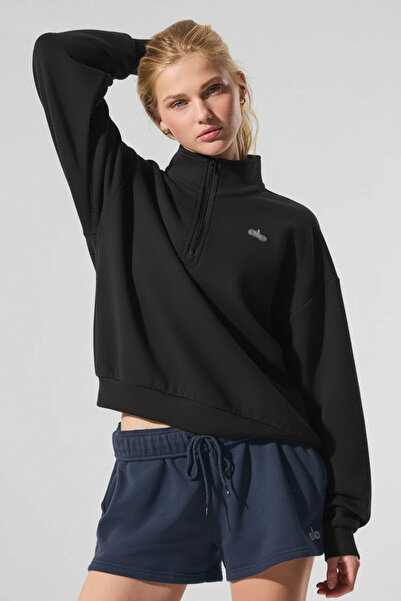 HepsitrentStore سترة رياضية سوداء من قماش الديورينج بياقة نصفية وسحاب أمامي