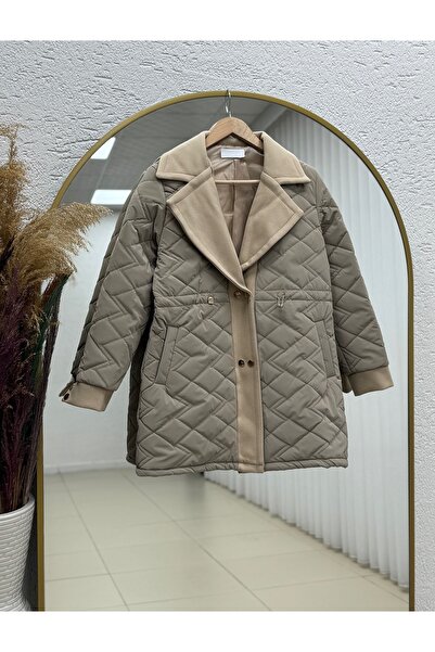 BENAHOLL Alva Düğmeleri Çıtçıtlı Beli Sıkmalı Kapitone Kısa Mont-EN2108 Vizon