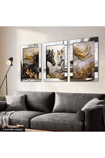 Evinemoda Asil Çift At Aşk Temalı 3 Parça Pleksi Aynalı Çerçeveli Tablo