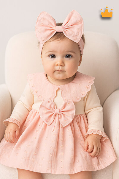 Babyhola 0-12 Ay %100 Pamuk Saç Bantlı Kız Bebek Fistolu Bayramlık Elbise Tak...
