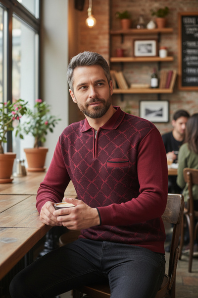 Kamalı Pulover pentru bărbați, de culoare burgundă, fără pilling, cu caracter...