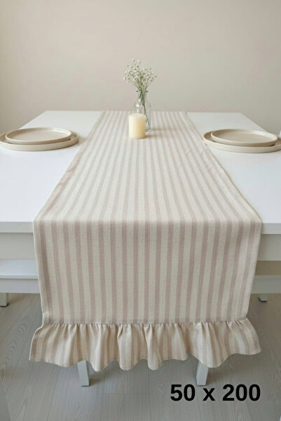 MZN Home 2 Kenar Fırfırlı Şeritli Keten Runner 50x200 cm – %100 Doğal Pamuk