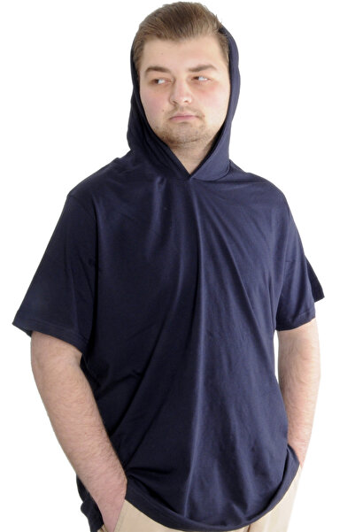ModeXL Mode XL Büyük Beden Erkek T-shirt Kapşonlu Kısa Kol 23118 Lacivert
