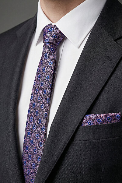 Milleniva Slim Mozaik Desen Lila Kravat & Mendil