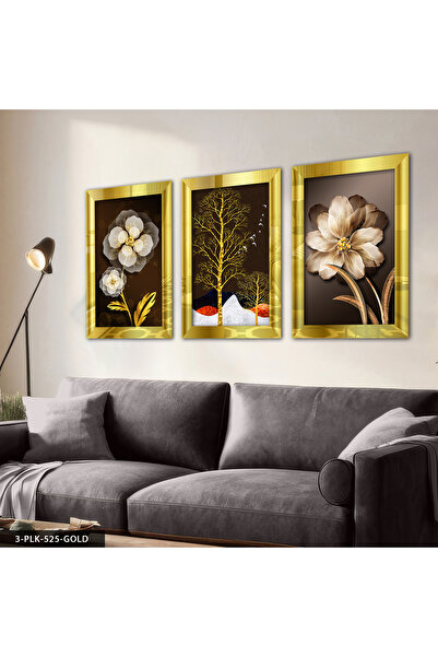 Evinemoda Πίνακας Flower Tree Gold 3 τεμαχίων από πλεξιγκλάς με καθρέφτη