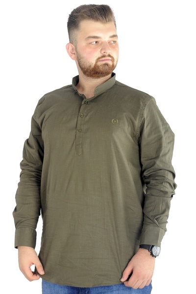 ModeXL Mode XL Large Size Men's Linen Lycra Ukol Judge Collar Shirt 20388 Khaki