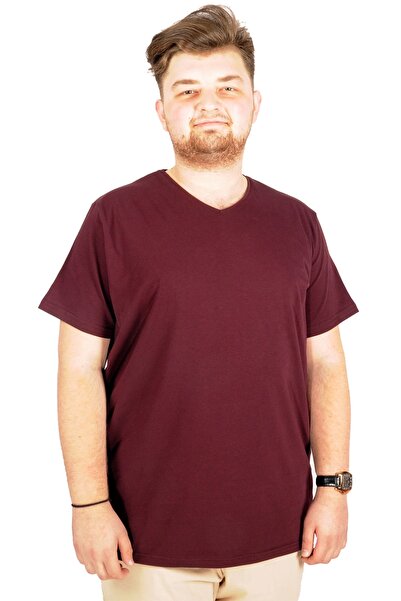 ModeXL Mode XL Büyük Beden T-Shirt V Yaka Likralı 20150 Mürdüm
