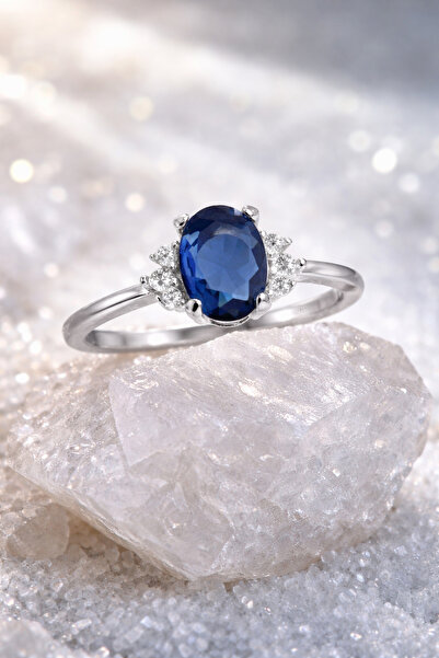Silveranka 925 Ayar Gümüş Oval Safir Taşlı Trend Yüzük