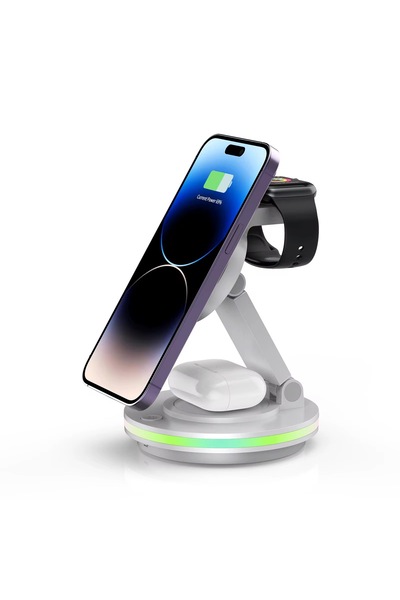 OEMN Încărcător Wireless 4 în 1 Fast Charge – Telefon, Ceas, Căști, LED