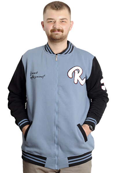 ModeXL Mode XL Büyük Beden Erkek Kolej Mont Fermuarlı Nakışlı Ceket 23633 Mavi