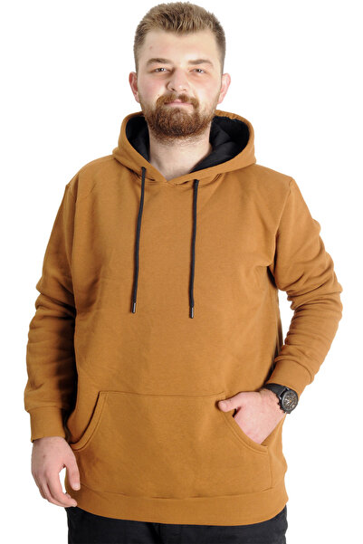 ModeXL Mode XL Büyük Beden Sweat Kapşon Kangoroo Pocket Basic 20562 Camel