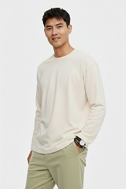 CHEISU Tricou cu mânecă lungă Ecru Basic pentru bărbați, 100% bumbac