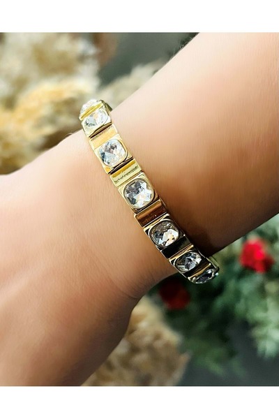 ACAR TAKI Gold Color Square Crystal Stone, Elastic Bracelet Acr8642