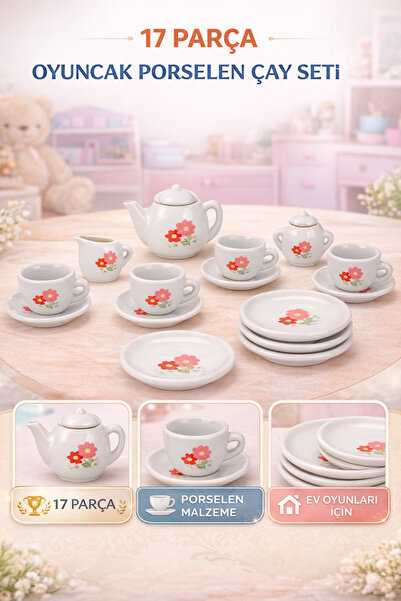 TRENDZONE Oyuncak Evcilik Seti - Oyuncak 17 Parça Çiçekli Porselen Çay Seti