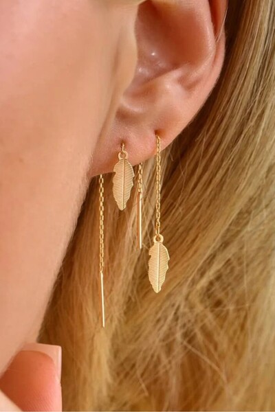 YCL JEWELLERY 8 Ayar Altın Zarif Sallantılı Yaprak Küpe