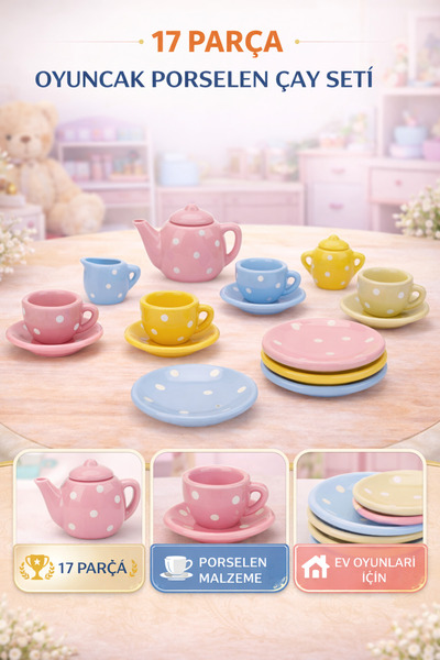 TRENDZONE Oyuncak Evcilik Seti - Oyuncak 17 Parça Puantiyeli Porselen Çay Seti