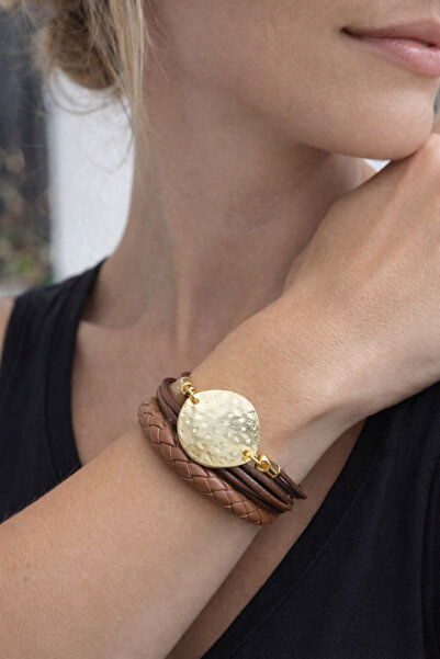 Kutcha Accessories Altın Disk Detaylı Kahverengi Çok Katmanlı Deri Bileklik