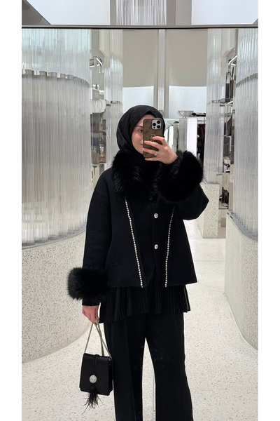 laviezey Acı Kahve Kürklü Taş Detaylı Kadın Kaban