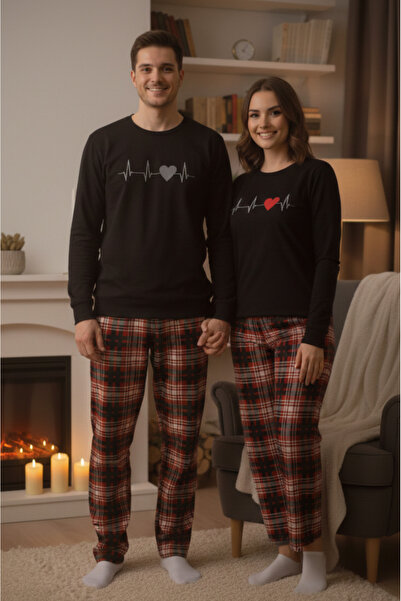 YHGTEKSTİL Çiftlere Özel 2 li Kombin Kalp Atışı Pijama Takımı kadın ve erkek
