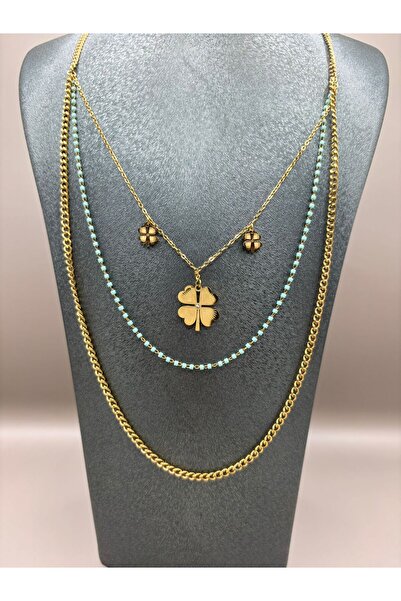 aurora dükkan Çelik Gold Yoncalı Mavi Boncuklu Çoklu Kolye