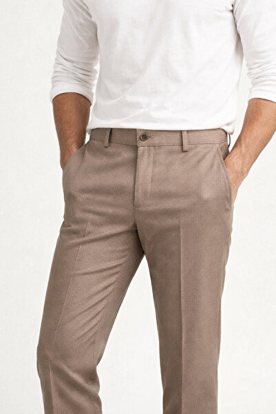 Varetta Men's Camel Color Linen Trousers Classic Cut Dobby Seasonal with Pockets