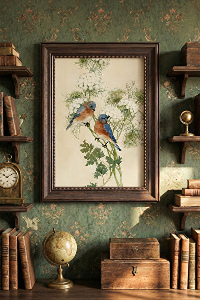 epiqart Mavi Kuşlar - Vintage Desenli Çerçeve