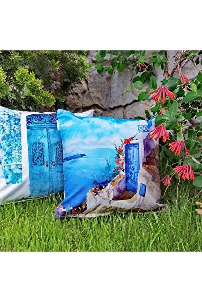 Doqu Home Alacatı Patterned Printed Stuffed Throw Pillow 45X45 - Blue