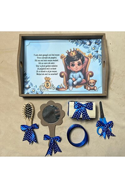 Botez Set tavita pentru taiere mot la baietei- rege baietel - albastru, 6 piese