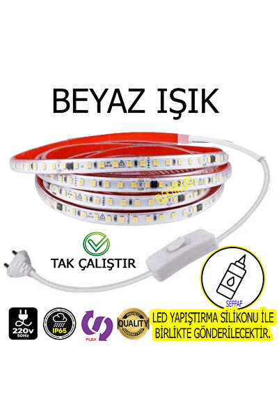 ELEKTROLED 220V Şerit LED  YÜKSEK IŞIK FİŞLİ VE ANAHTARLI BEYAZ IŞIK 6 METRE ...