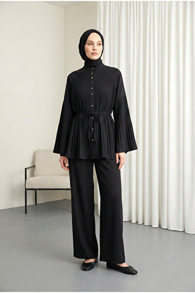 MODAQU Hakim Yaka Piliseli Krep Takım - Sİyah