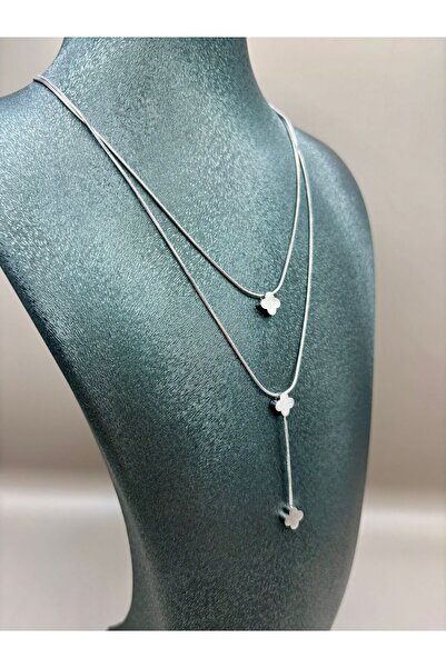 aurora dükkan Çelik Gümüş Renk Çiftli Yonca Y Kolye