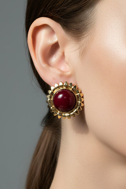 BHR AKSESUAR Gold Burgundy Sun Earrings (4 cm)