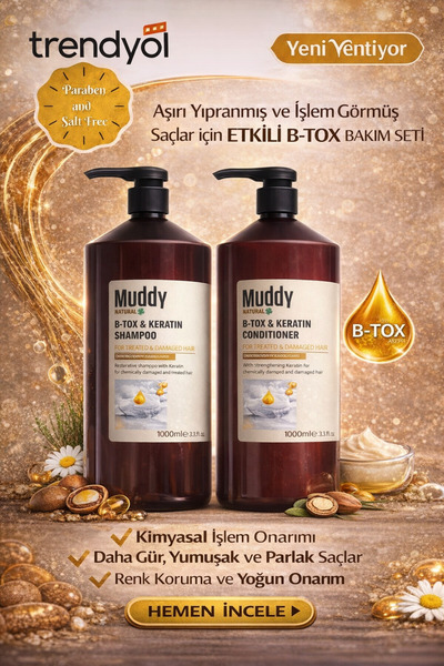 Muddy Aşırı Yıpranmış Saçlara B-tox&Keratın Şampuan 1000 ml+Onarıcı B-tox&Ker...