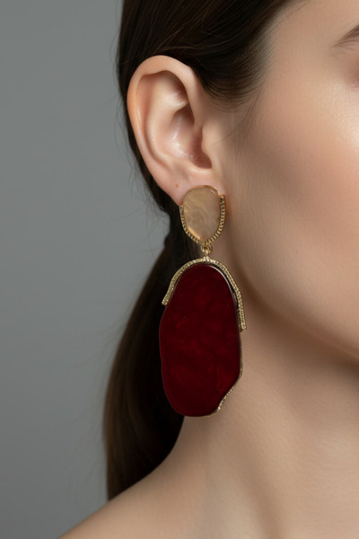 BHR AKSESUAR Gold Burgundy Dangle Earrings (7.5 cm)