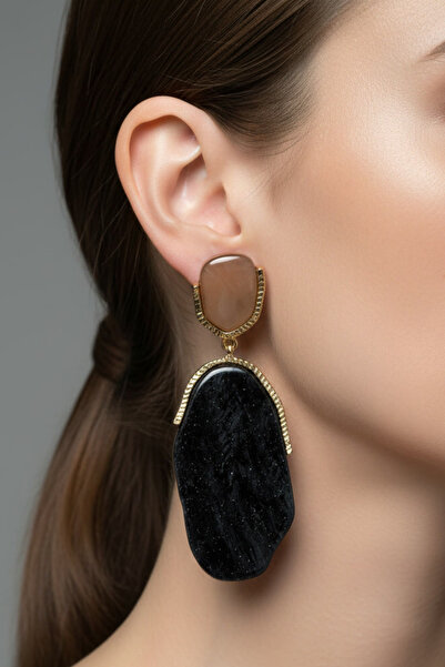 BHR AKSESUAR Gold Black Dangle Earrings (7.5 cm)