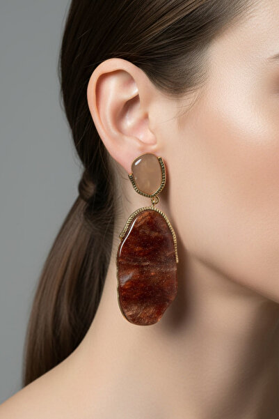 BHR AKSESUAR Gold Brown Dangle Earrings (7.5 cm)