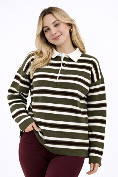 BeeYouStudio Polo Neck 3 Button Striped Sweater / Green