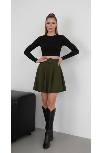 MAİMODA Belted Flared Mini Suede Skirt