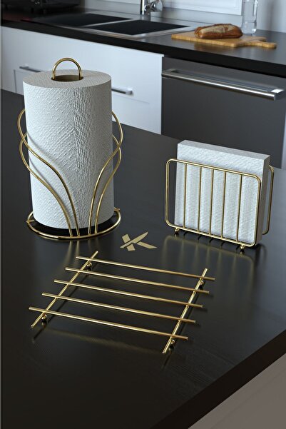 KARTEYA Servis Sunum Seti Havluluk Peçetelik Nihale Gold Altın Dolu Parlak Pa...