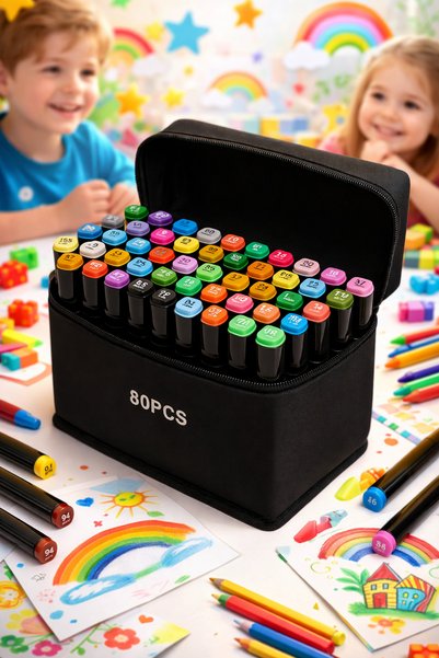 SYN AKSESUAR 80’li Renkli Marker Kalem Seti – Çift Uçlu Profesyonel Set, (Çan...