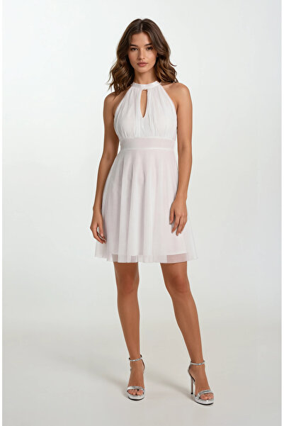Spazio Narcisio Damla Yaka Kloş Kısa Abiye Elbise BEYAZ