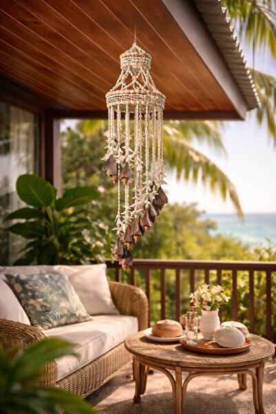 Larenya Deniz Kabuklu Rüzgar Çanı & Balkon Bahçe Tavan Süsü & Doğal Deniz Kabuğu