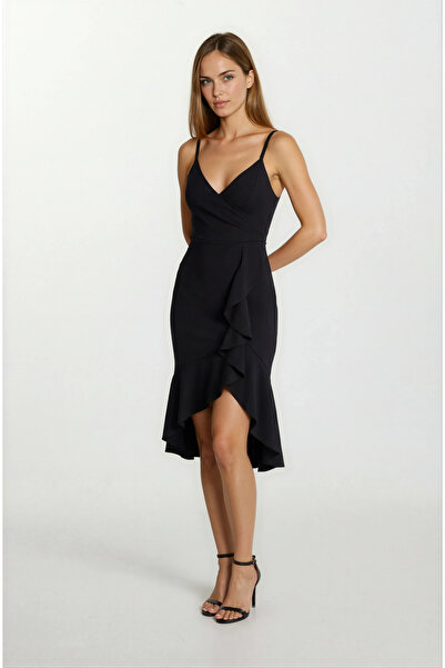 Spazio Agus Eteği Volanlı Askılı Kısa Abiye Elbise SİYAH