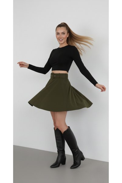 MAİMODA Belted Flared Mini Suede Skirt