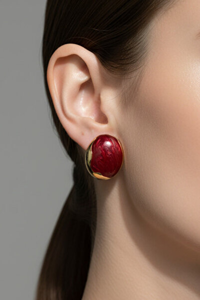 BHR AKSESUAR Gold Burgundy Enamel Earrings (2.7 cm)